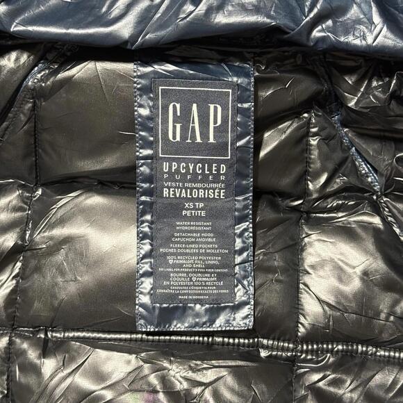 GAP Upcycled Puffer Coat XS Petite Blue Long Hooded Winter Jacket Women’s - Picture 6 of 9